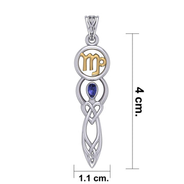 Celtic Goddess Virgo Astrology Zodiac Sign Silver and Gold Accents Pendant with Sapphire MPD5940 - Jewelry